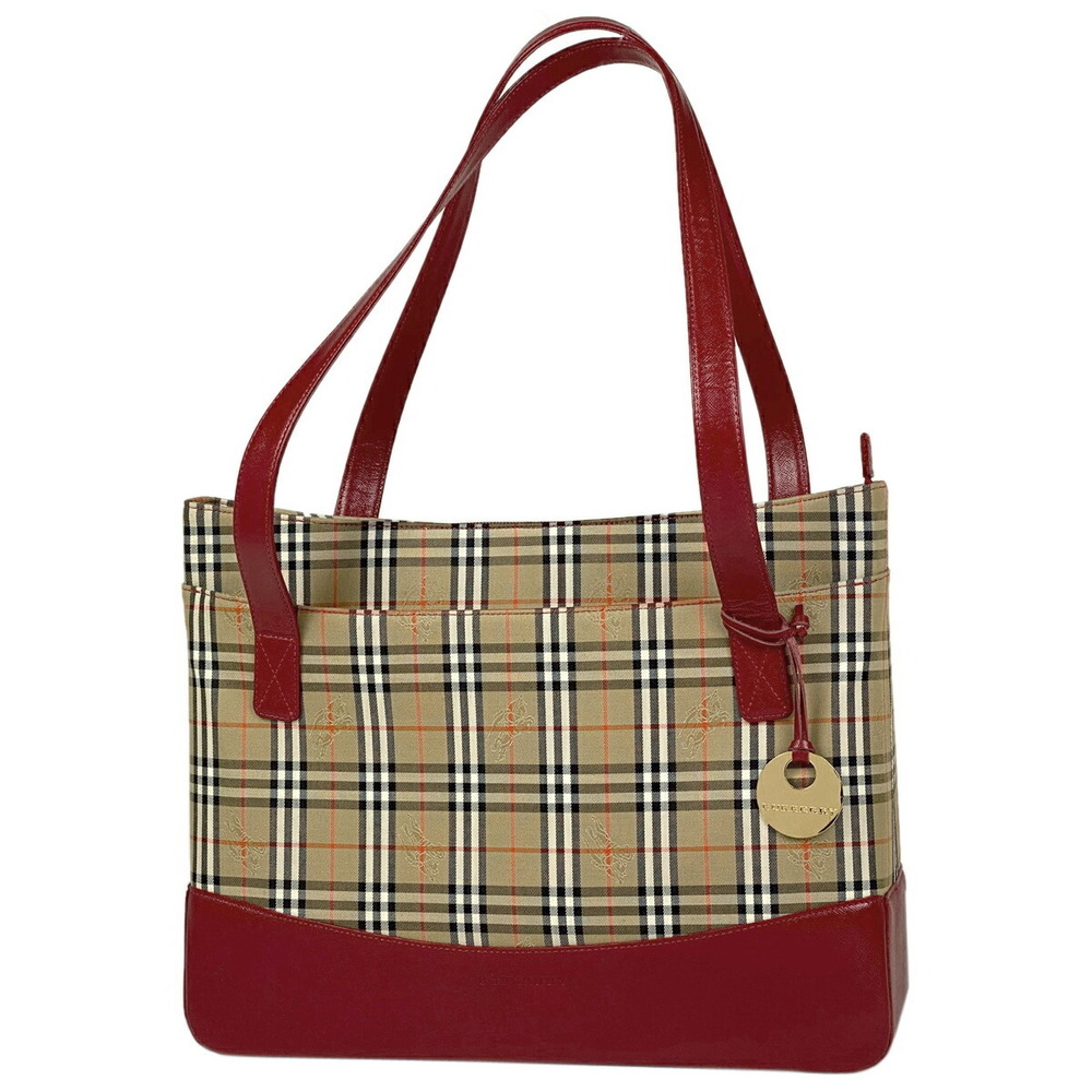 Burberry Check Shoulder Bag Tote Nova Canvas Beige Red